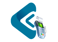 Logo de aplicativo do setor de varejo, maquininha de carto emitindo nota fiscal